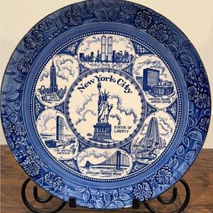 Vintage New York City NYC Souvenir Plate, Blue and White Wall Plate